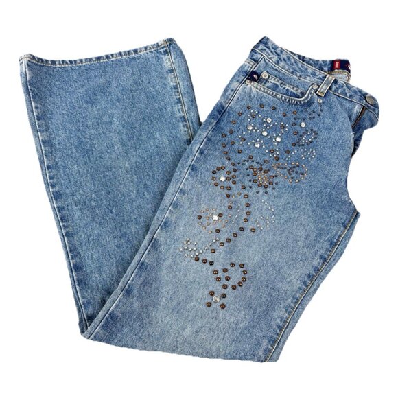 VTG Y2K Bongo Sz 3 (Actual 28x30) Studded Lowrider Flare Jeans Medium Wash EUC - Picture 1 of 13